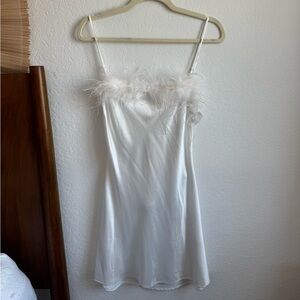 White Satin Slip Mini Dress with Feathers